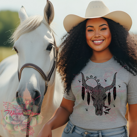 Boho Cheetah Bull Skull Tee